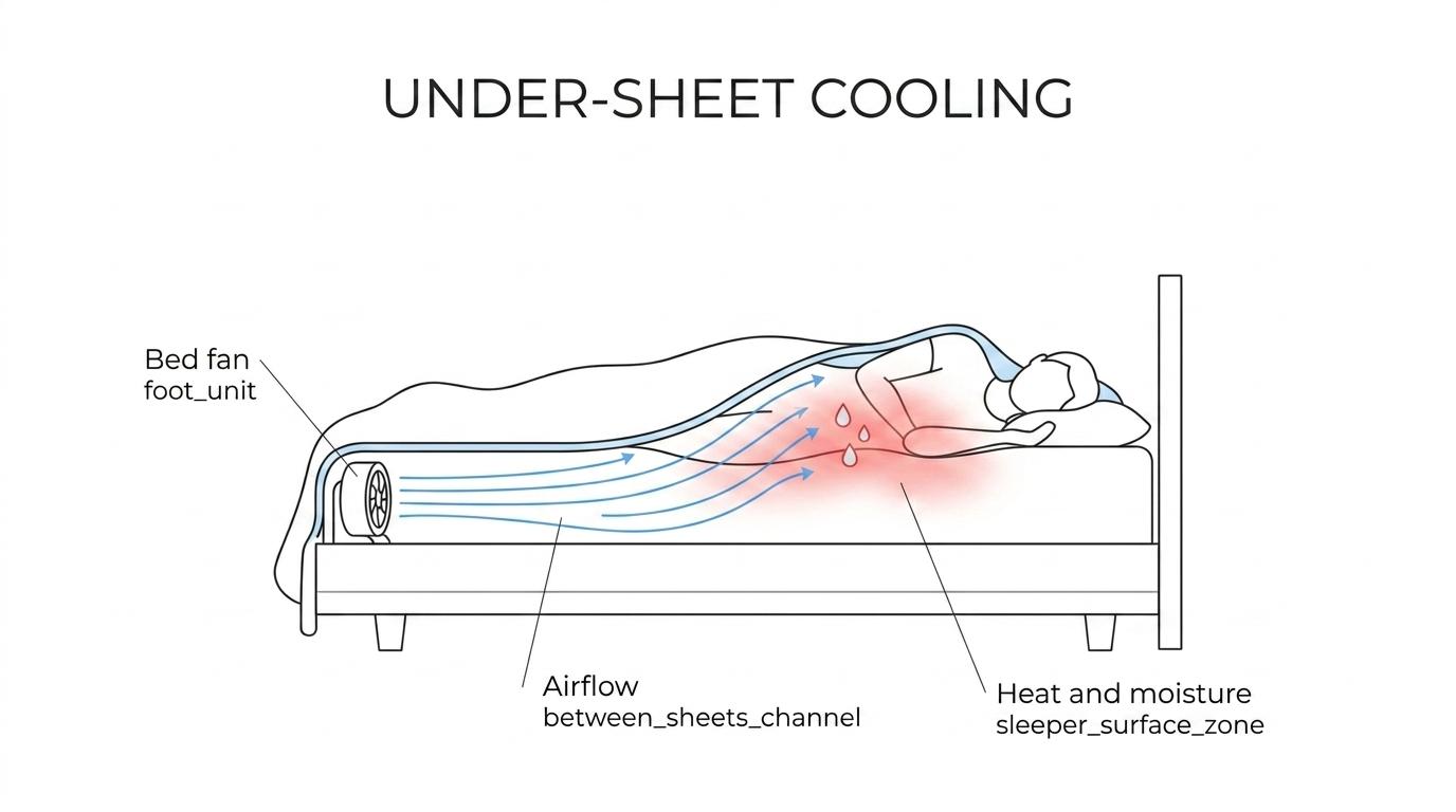 Cross-section of a bed showing bFan at the foot blowing room air between the sheets to move heat and moisture away from a sleeper.