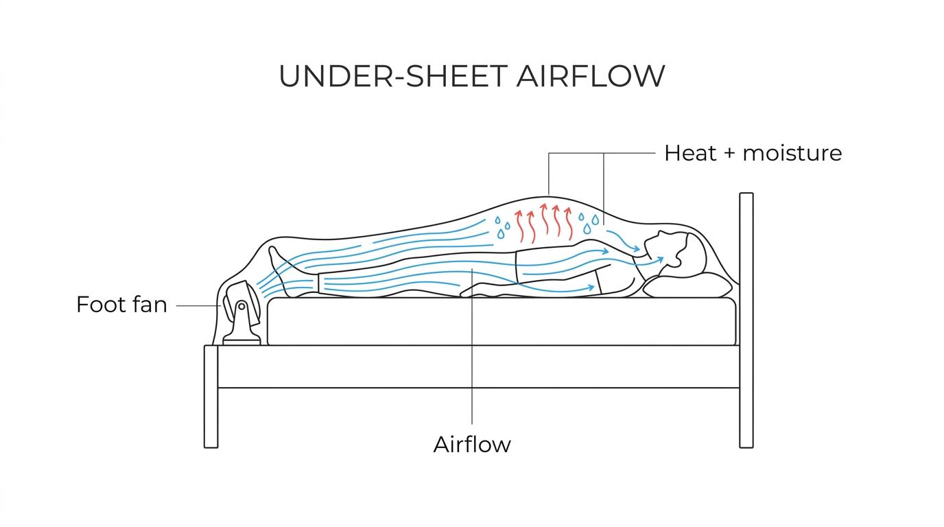 Bed fan at the foot of a bed pushing air under the top sheet while heat and moisture escape around a sleeper.
