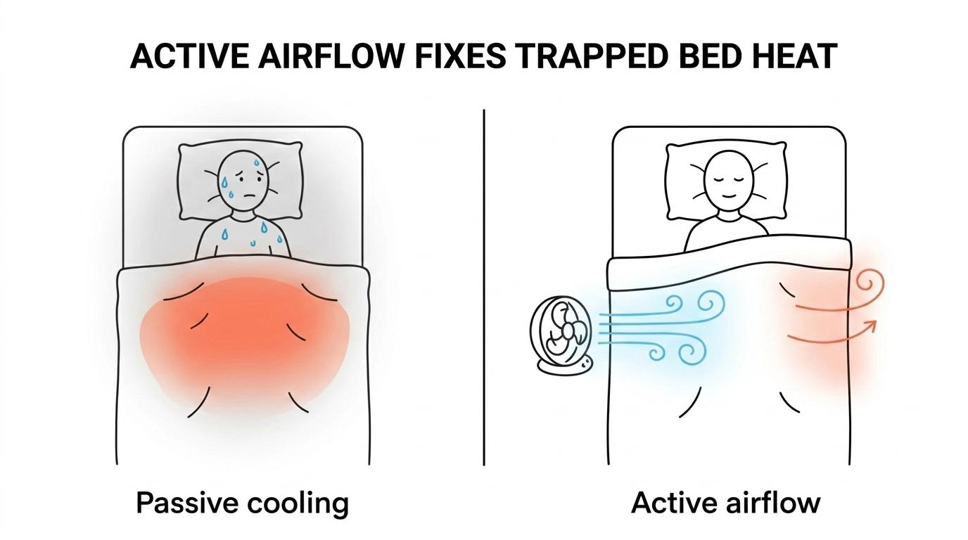Side-by-side comparison of a sleeper under a cooling blanket with warm humid air trapped around the body and a sleeper with a bed fan moving room air under the covers.