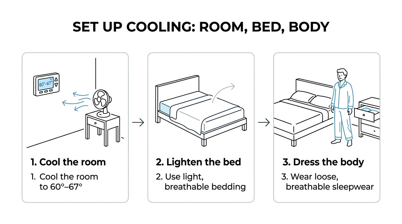 Step-by-step bedroom cooling setup showing a cool room, lighter breathable bedding, loose sleepwear, and under-sheet airflow.