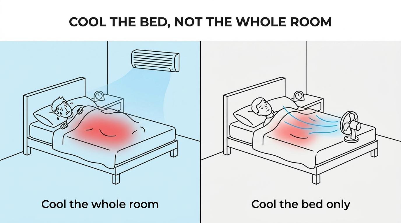 Side-by-side bedroom comparison showing targeted under-sheet cooling for one sleeper versus lowering the temperature of the entire room.
