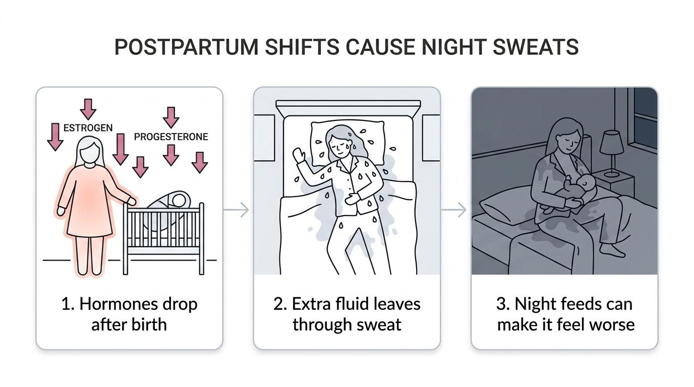 Flow diagram showing birth leading to hormone drop, extra fluid loss, breastfeeding overlap, and nighttime sweating.