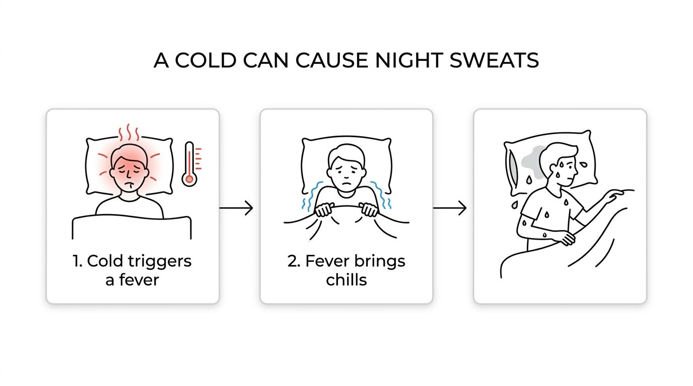 A step-by-step visual showing a cold causing fever, chills, sweating, and waking up with damp sleepwear.