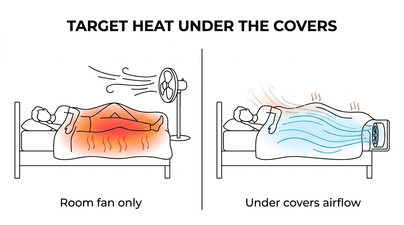 Side-by-side bed scene showing a standard room fan moving air around the room versus a bed fan at the foot of the bed sending airflow under the covers.