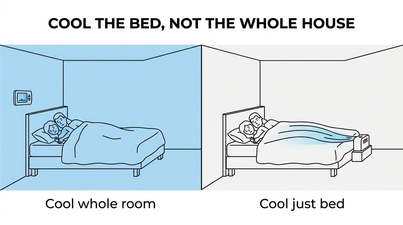 Side-by-side comparison of lowering the whole-house thermostat versus using a bed fan to cool under the covers.