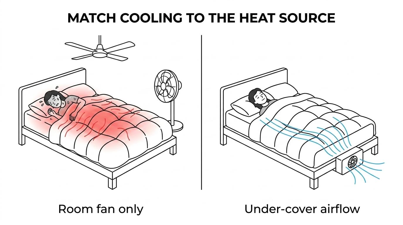Side-by-side comparison of an under-sheet bed fan, a cooling topper, and room cooling, showing where each one cools the sleeper.