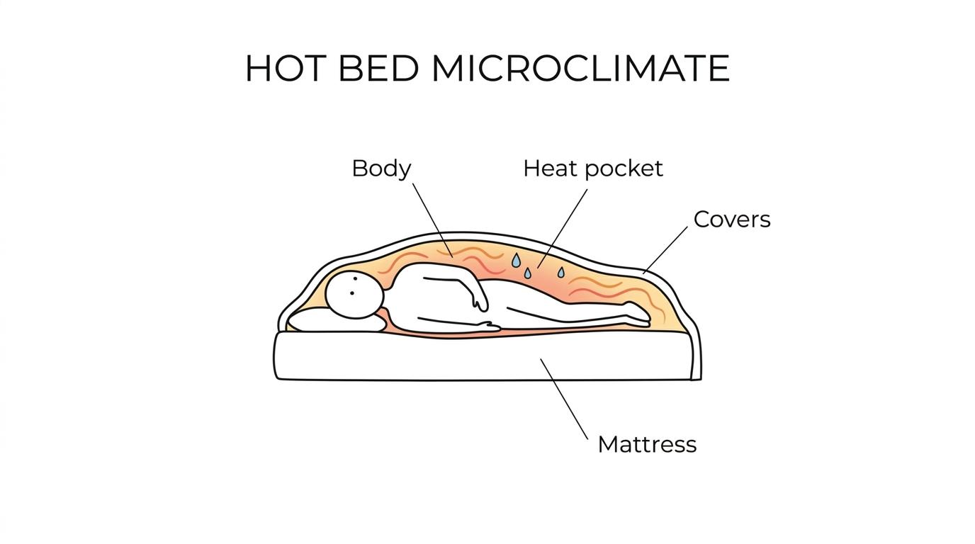 Cross-section of a person in bed showing trapped heat and moisture under the covers and cooler room air moving across the sleeper.