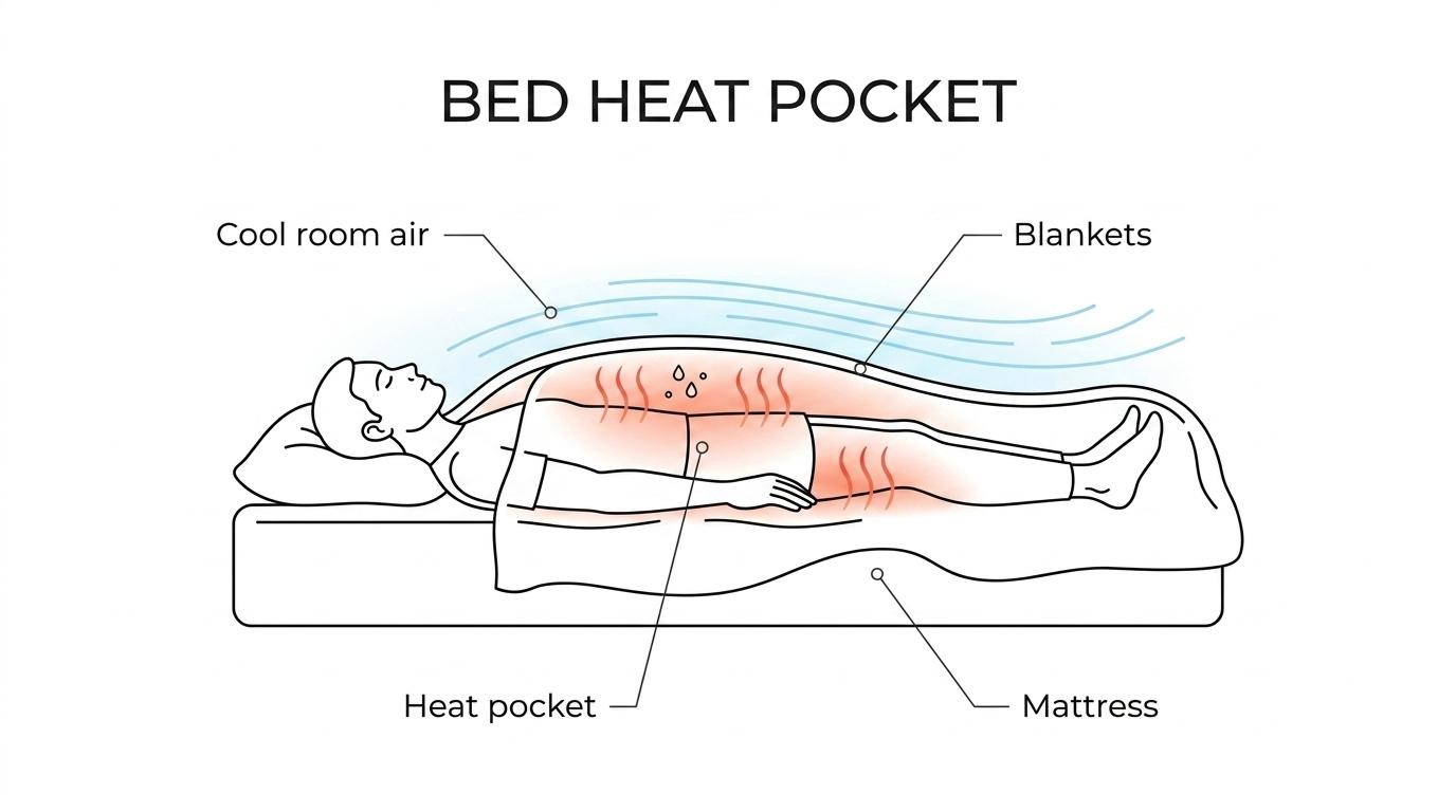 Cutaway view of a sleeping person showing cool bedroom air outside the bed and warm humid air trapped under the sheets around the body.