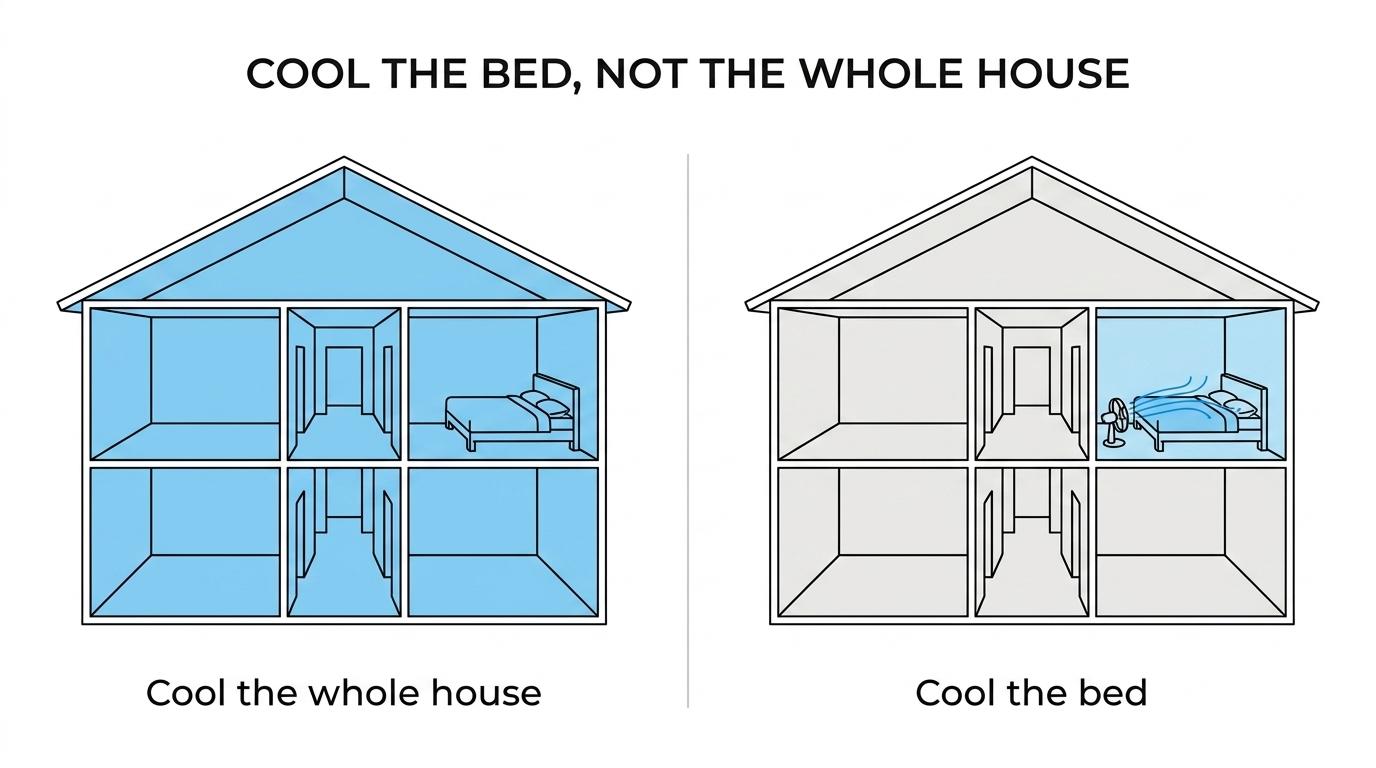 Side-by-side comparison of whole-room air conditioning versus a bed fan moving air under the sheets where body heat builds up.