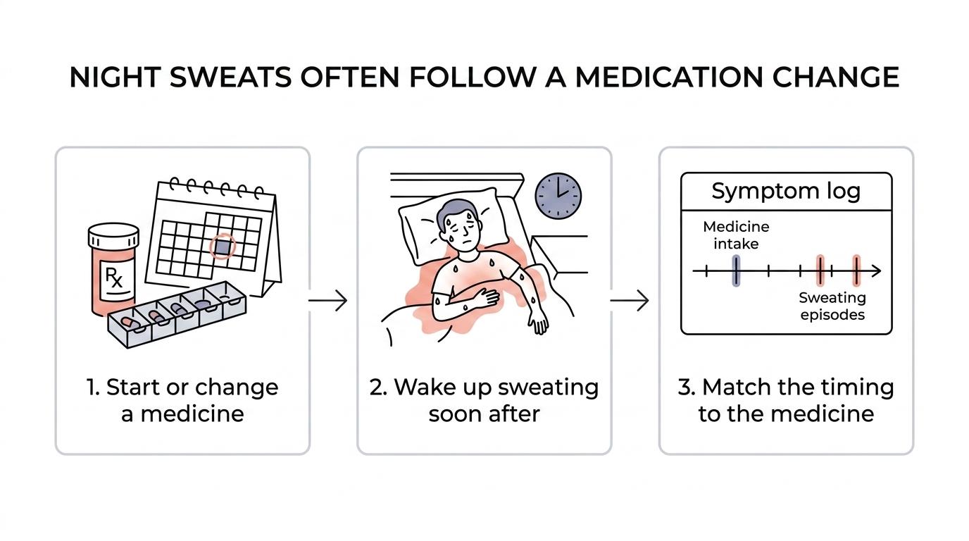 Flow showing a medication change leading to night sweats, symptom logging, clinician review, and safer next steps.