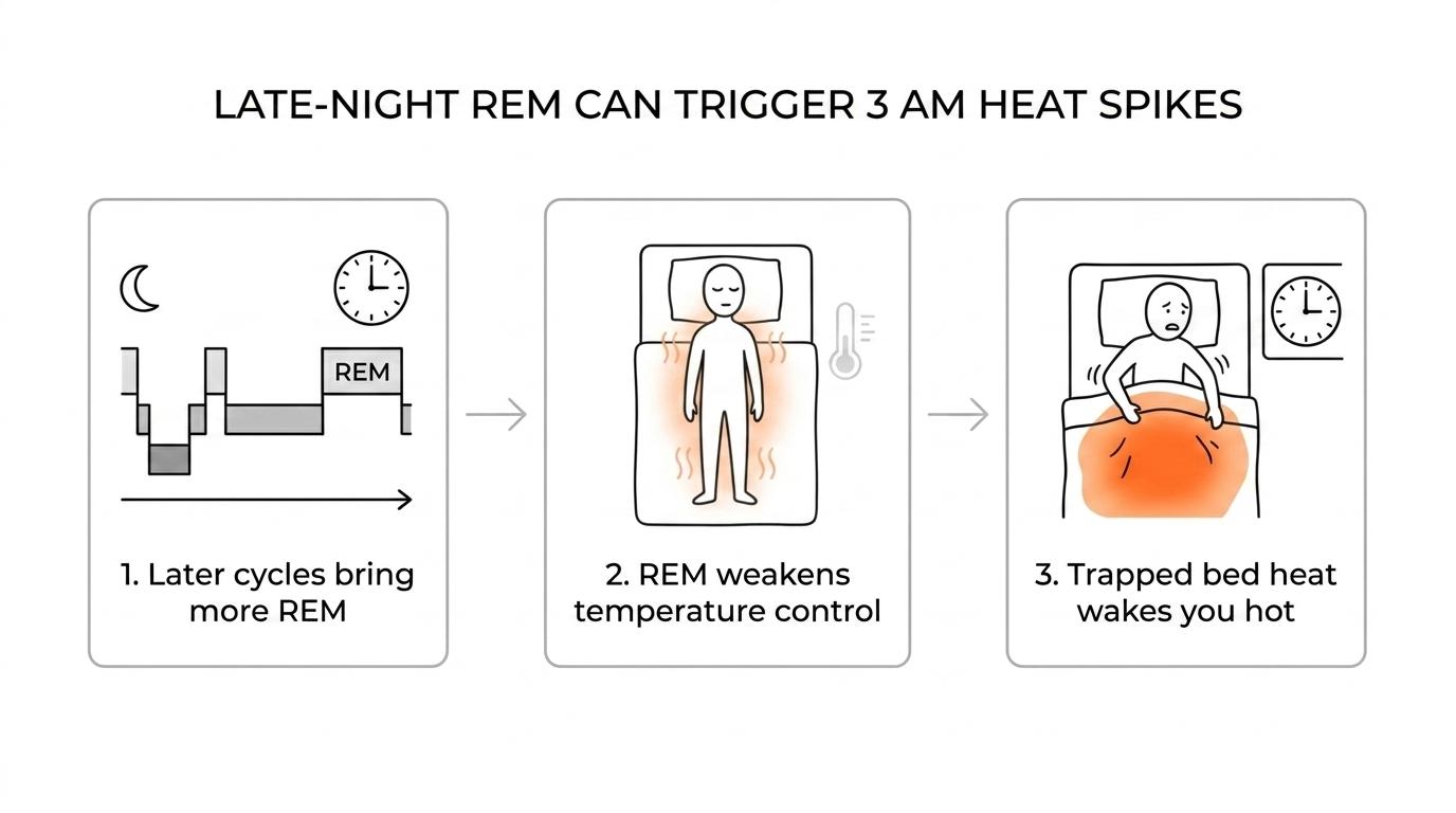 Overnight sleep timeline showing early deep sleep shifting to longer REM periods later, with trapped bedding heat leading to a 3 AM wake-up feeling hot.