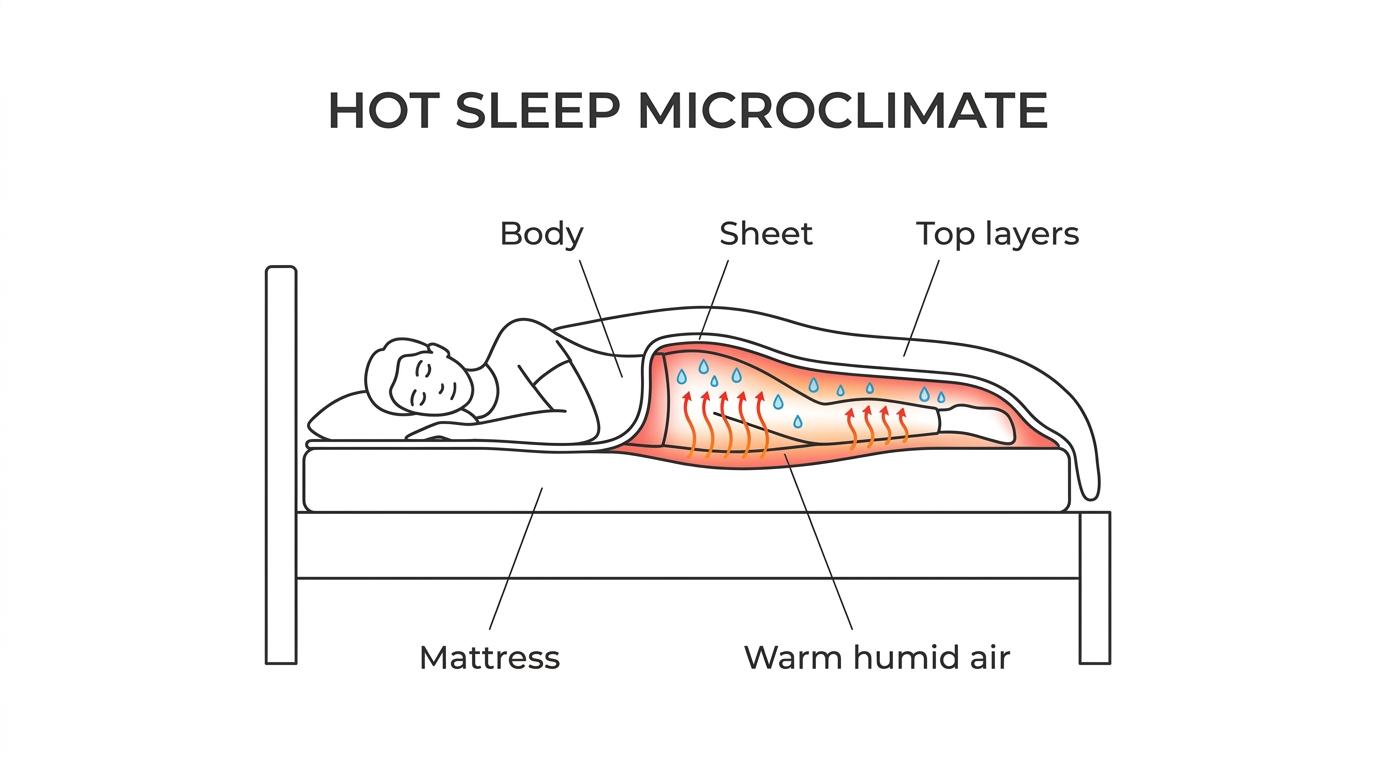 Labeled cross-section of a person in bed showing heat and moisture trapped between the body, sheets, mattress, and comforter, with airflow moving under the covers.