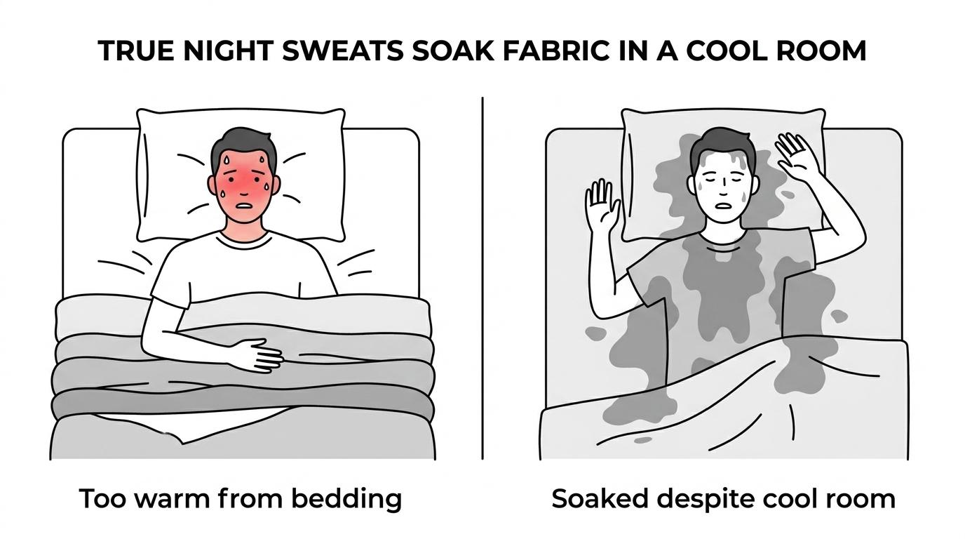 Side-by-side view of a man overheated under heavy blankets and a man waking with soaked shirt and bedding in a cool room.