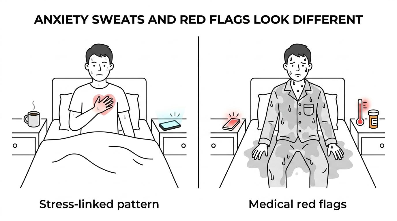 Side-by-side comparison of anxiety-related night sweat clues versus signs that suggest another medical cause.