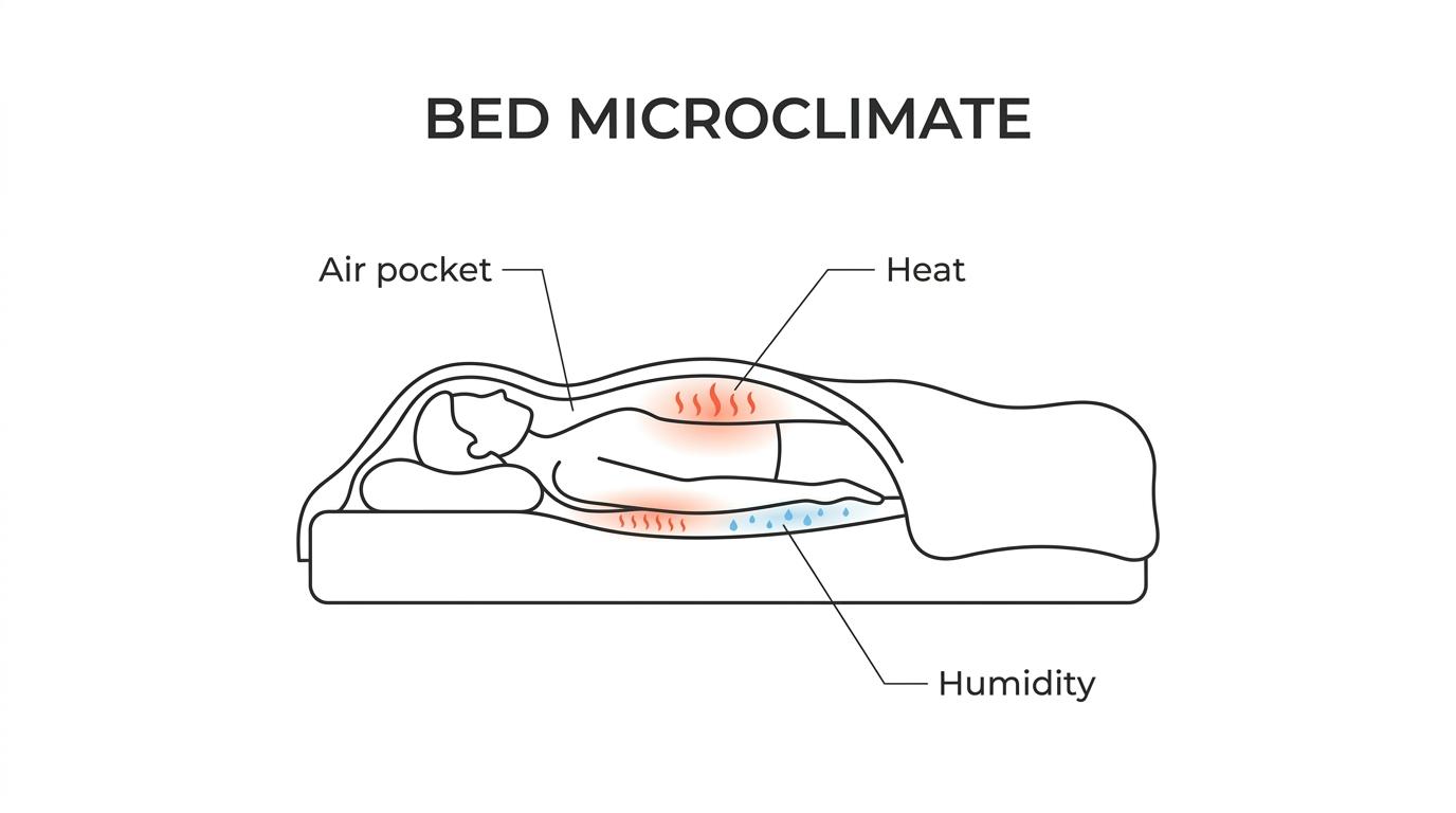 Cross-section of a person in bed showing warm humid air trapped between the body, sheets, blanket, and mattress while cooler room air sits outside the covers.
