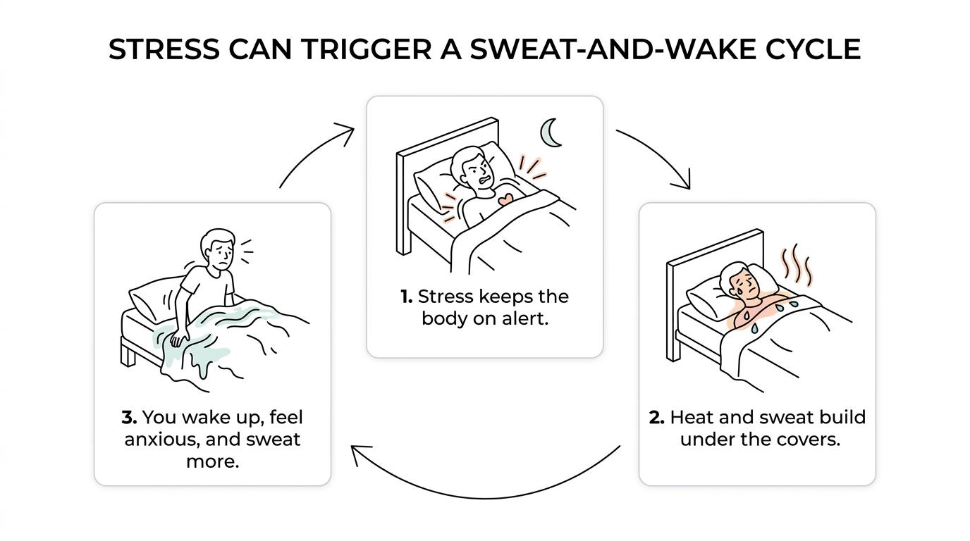 A step-by-step diagram showing stress activating the nervous system, increasing sweating and body heat, trapping warmth under blankets, and causing a nighttime wake-up.