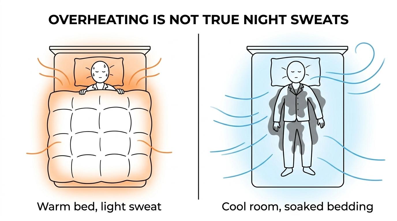 Side-by-side comparison of simple overheating versus concerning night sweats, showing warm bedding and room factors on one side and cool-room drenching sweat with warning symptoms on the other.