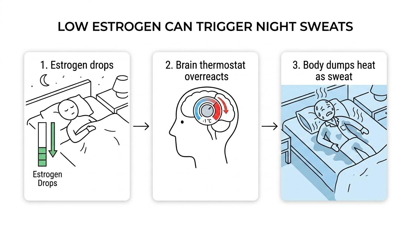 Sequence showing lower estrogen causing the brain’s thermostat to overreact, leading to flushing, sweating, and chills during sleep.