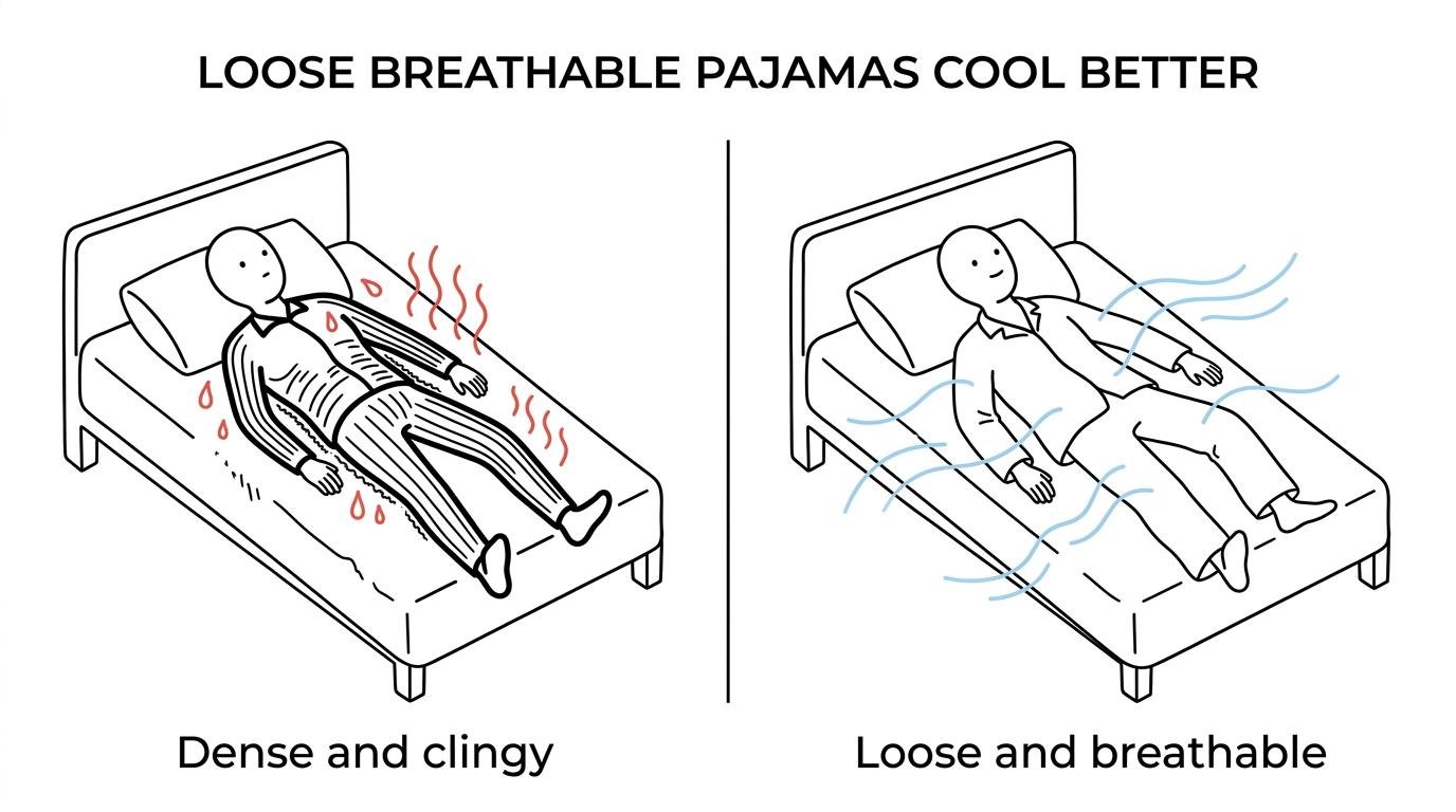 Side-by-side comparison of loose breathable pajamas and thick clingy pajamas, showing better airflow and faster drying versus trapped heat and dampness.
