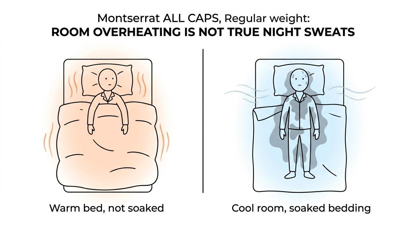 Side-by-side comparison of overheating from a warm bed setup versus true night sweats in a cool room, with cues like heavy bedding, trapped humidity, flushing, and soaked sheets.