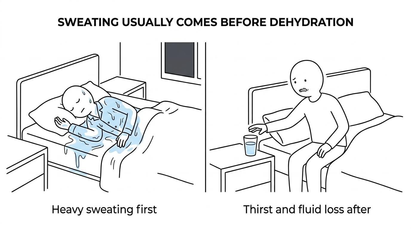 Side-by-side comparison of dehydration clues versus drenching night sweat clues, showing thirst and dark urine on one side and soaked bedding in a cool room plus red-flag symptoms on the other.