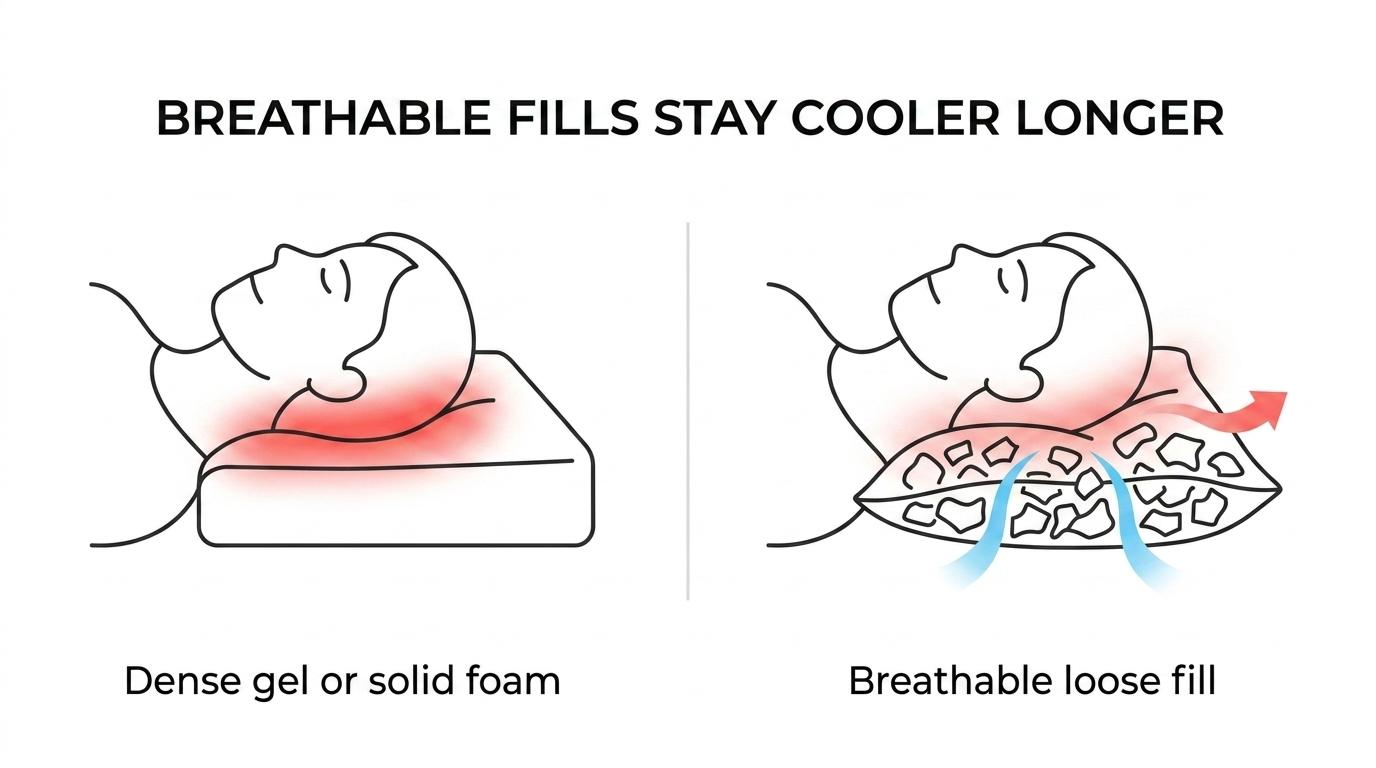 Side-by-side cooling pillow comparison showing breathable shredded fill with airflow versus dense gel or solid foam retaining heat.