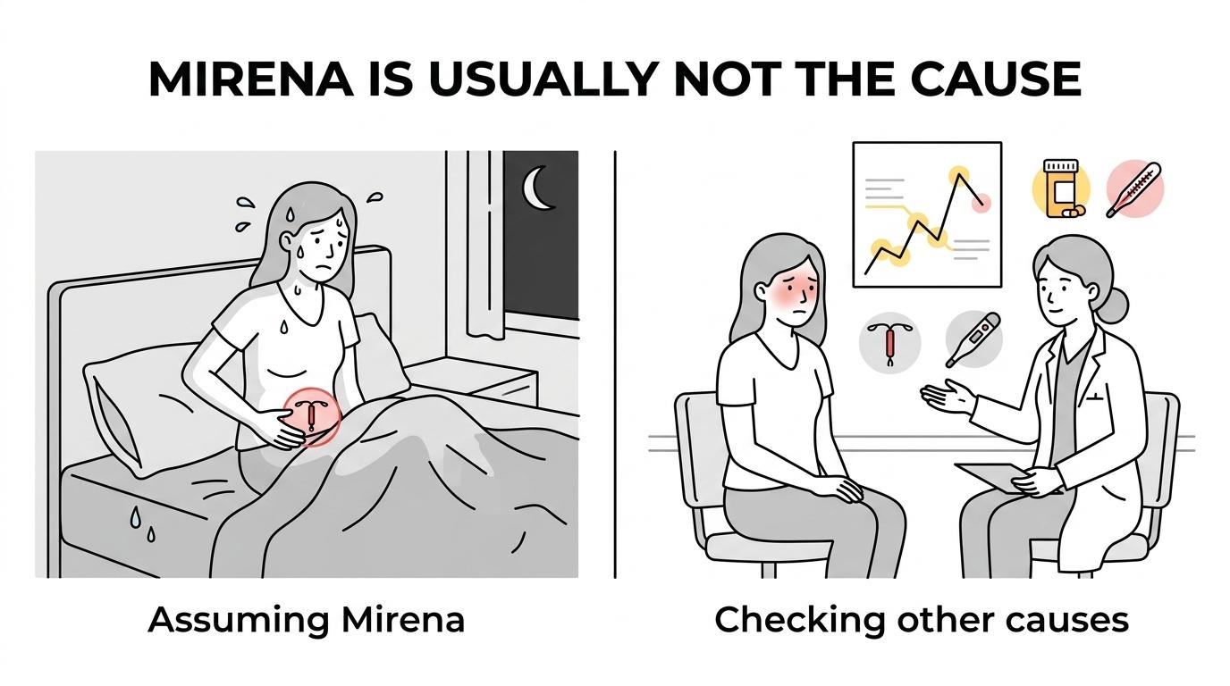 Side-by-side comparison showing Mirena facts on one side and more likely causes of night sweats during Mirena use on the other.