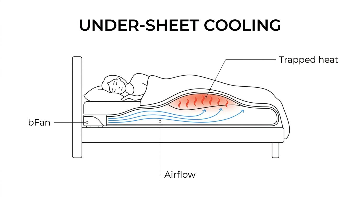 A bed with a fan at the foot blowing air under the top sheet, showing trapped heat and moisture escaping around the sleeper.