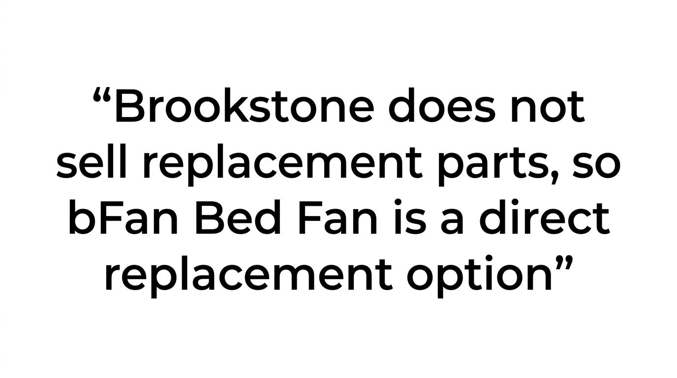 A highlighted quote stating that Brookstone does not sell replacement parts and that bFan offers a direct under-sheet cooling replacement option.