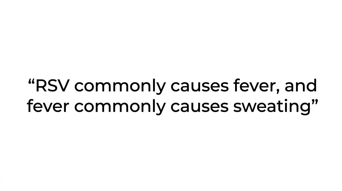 A highlighted quote stating that RSV commonly causes fever, and fever commonly causes sweating.