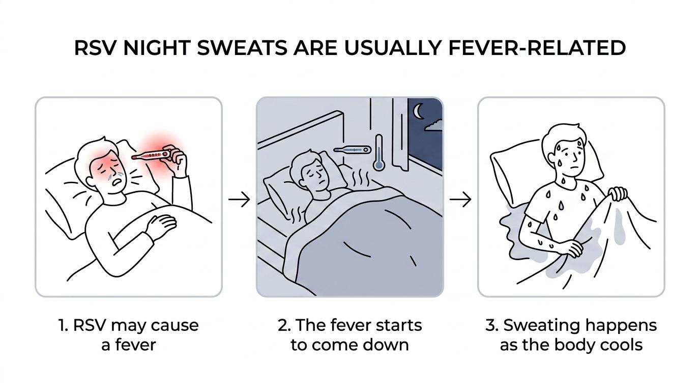 A step-by-step visual showing RSV leading to fever, fever easing into sweating, and nighttime bedding trapping heat and moisture.