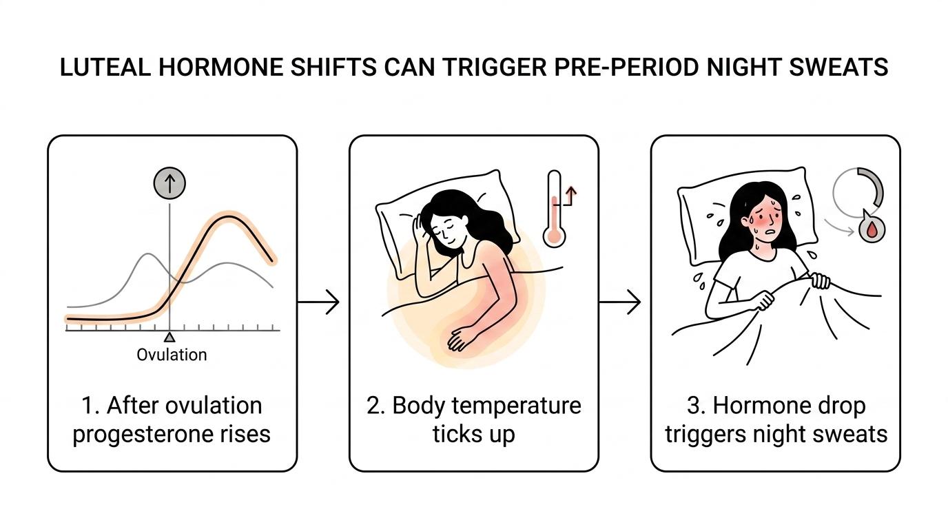 Timeline of the menstrual cycle showing ovulation, luteal hormone changes, a small temperature rise, and night sweats in the days before bleeding starts.