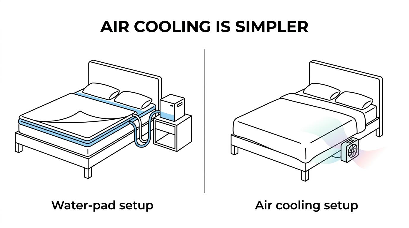 Side-by-side comparison of bFan at the foot of the bed blowing room air under the covers versus Adamson B10 with a mattress pad, water tubes, and a bedside unit.