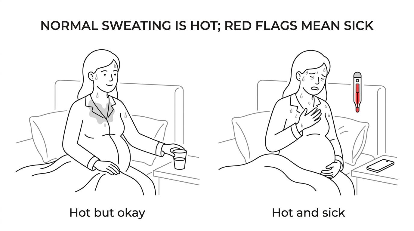 Side-by-side comparison of common third-trimester night sweats versus warning signs like fever, chest pain, breathing trouble, and dehydration.