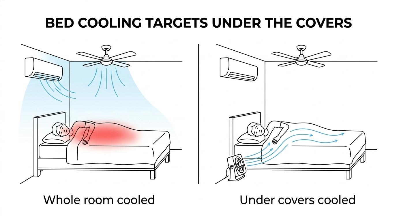 Side-by-side view of a regular room fan cooling open air and an under-sheet bed fan pushing air beneath blankets toward a sleeper.