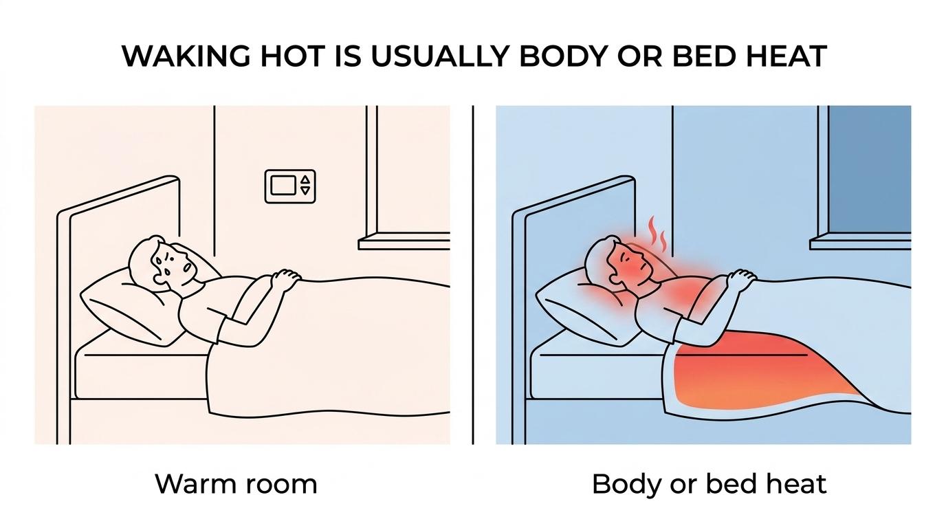 Side-by-side comparison of a person waking hot from an internal heat trigger versus heat and humidity trapped under bed covers.