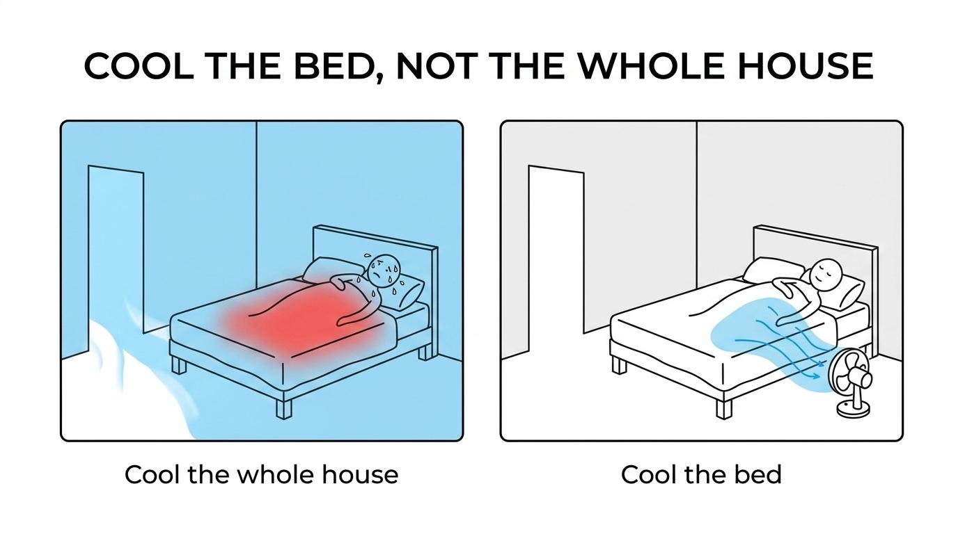 Split-screen bedroom comparison showing one side with the whole room overcooled by central AC and the other with a bed fan sending air under the sheets while the thermostat is set higher.