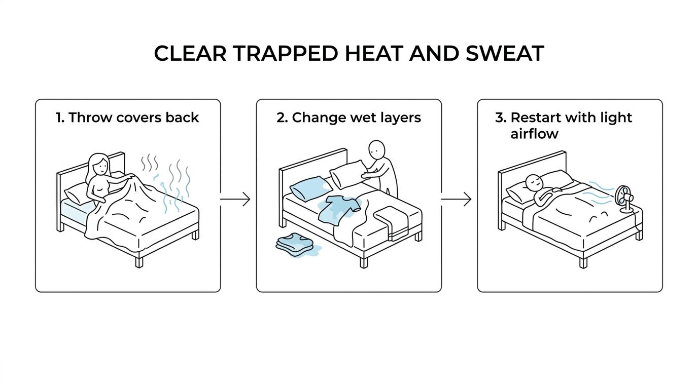 Flow diagram showing a menopause hot flash leading to sweating, trapped heat under blankets, chills, and wakefulness, with under-sheet airflow helping interrupt the cycle.