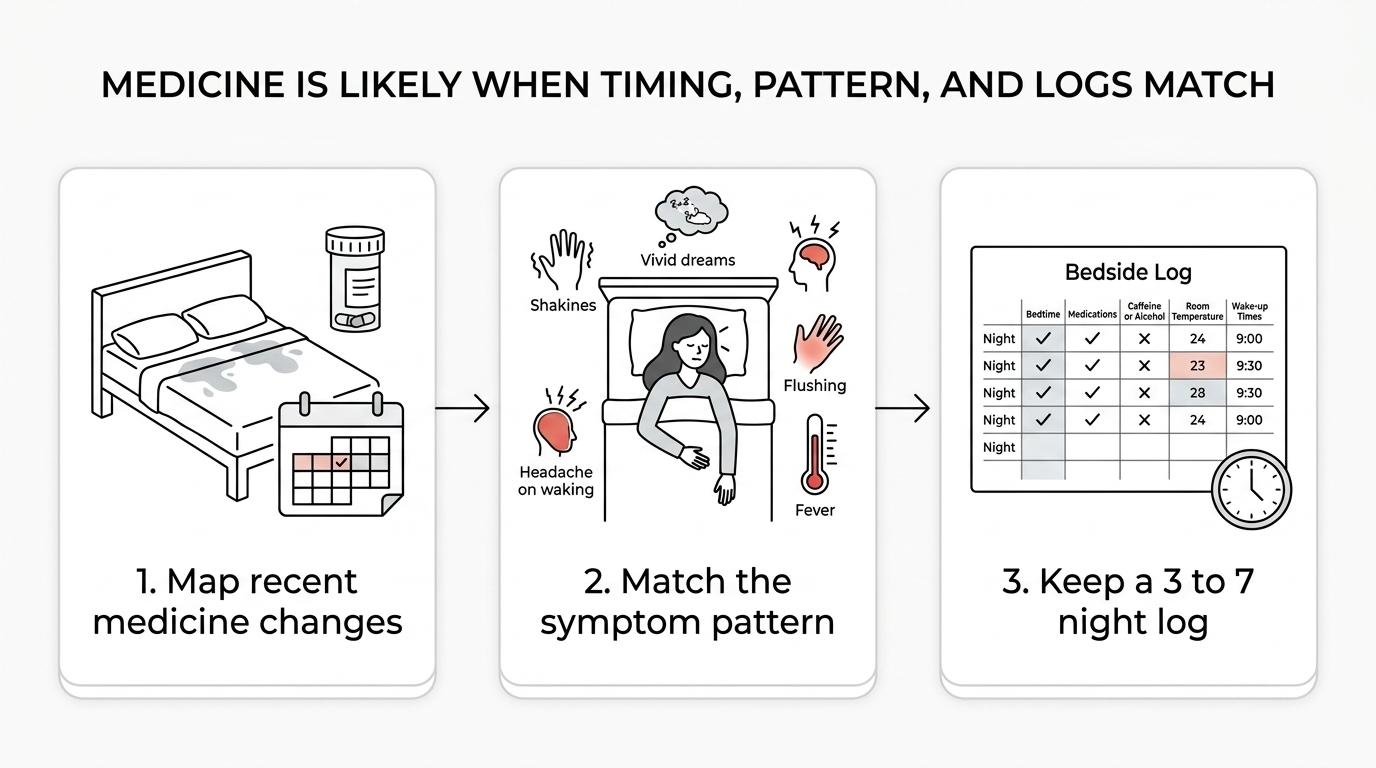 Three-step flow showing how to assess whether night sweats are medication-related by checking timing, symptom pattern, and a short medication-sleep log.