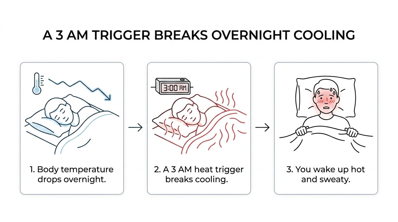 A simple overnight timeline showing body temperature dropping during sleep, then a 3 AM trigger causing heat, sweating, and waking.