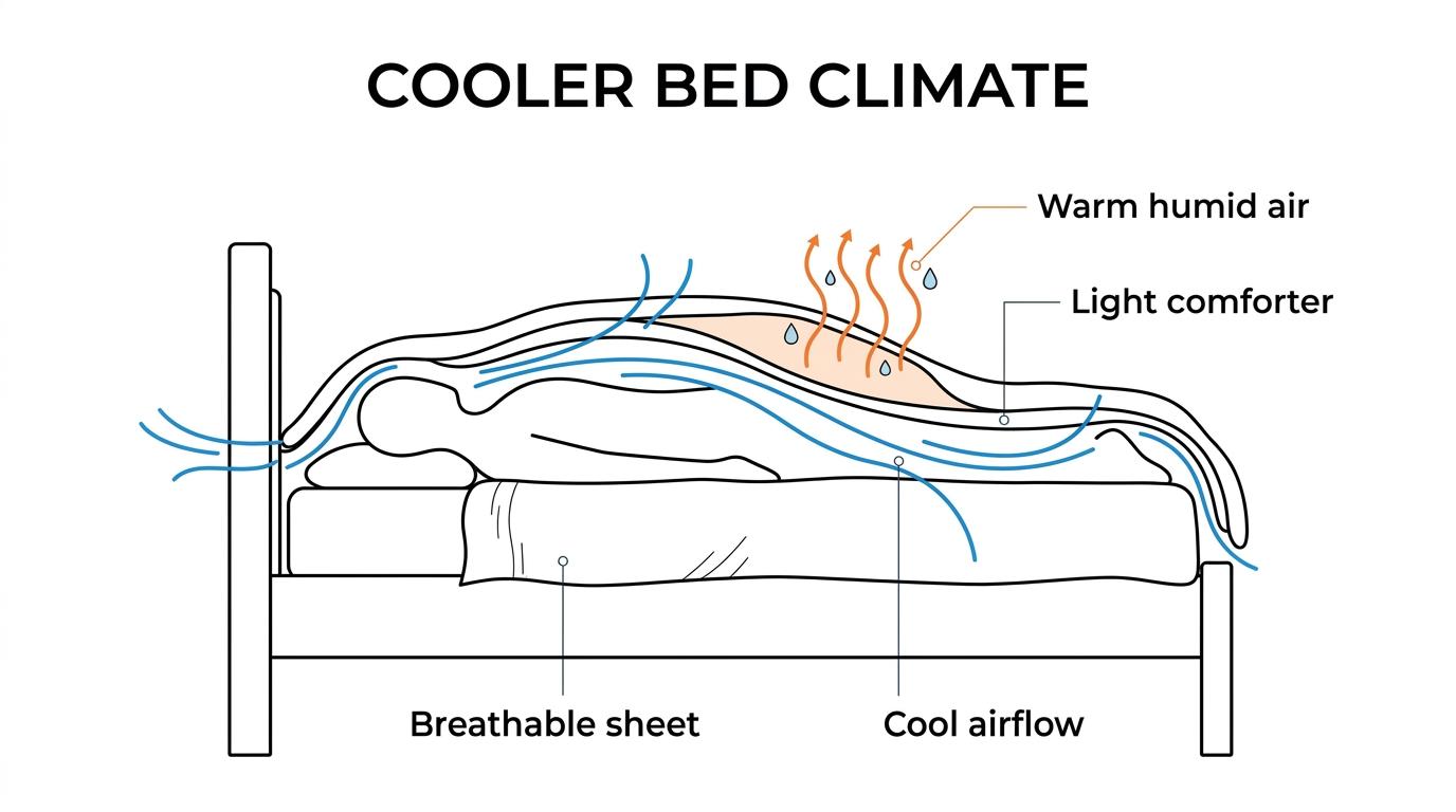 Cross-section of a bed showing a sleeper, breathable sheets, lighter blanket, trapped heat and humidity under the covers, and cool room air flowing between the sheets from a bed fan.