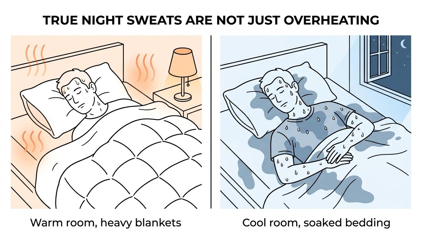Side-by-side comparison of sleeping too hot in a warm bed versus true night sweats with soaked bedding in a cool room.