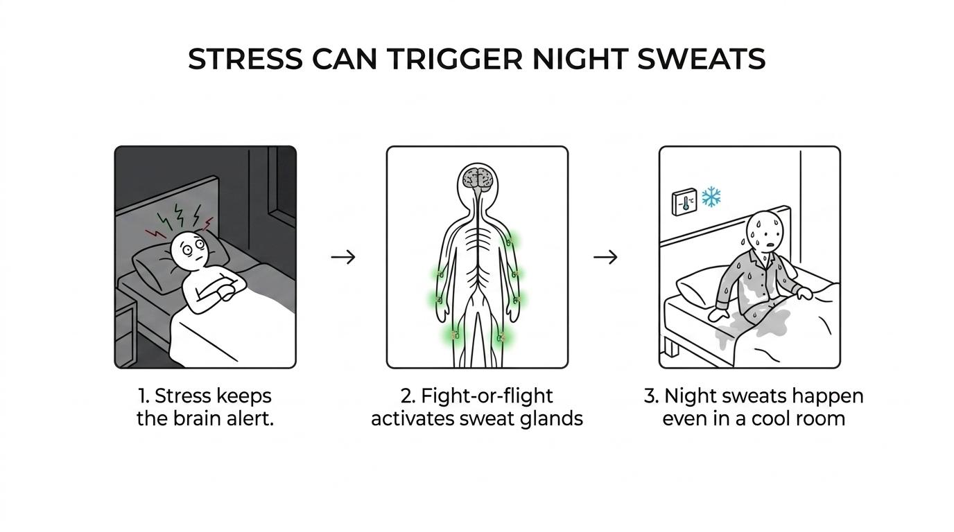 Flow showing stress activating the nervous system, turning on sweat glands, causing sweating under bedding, and airflow helping sweat evaporate.