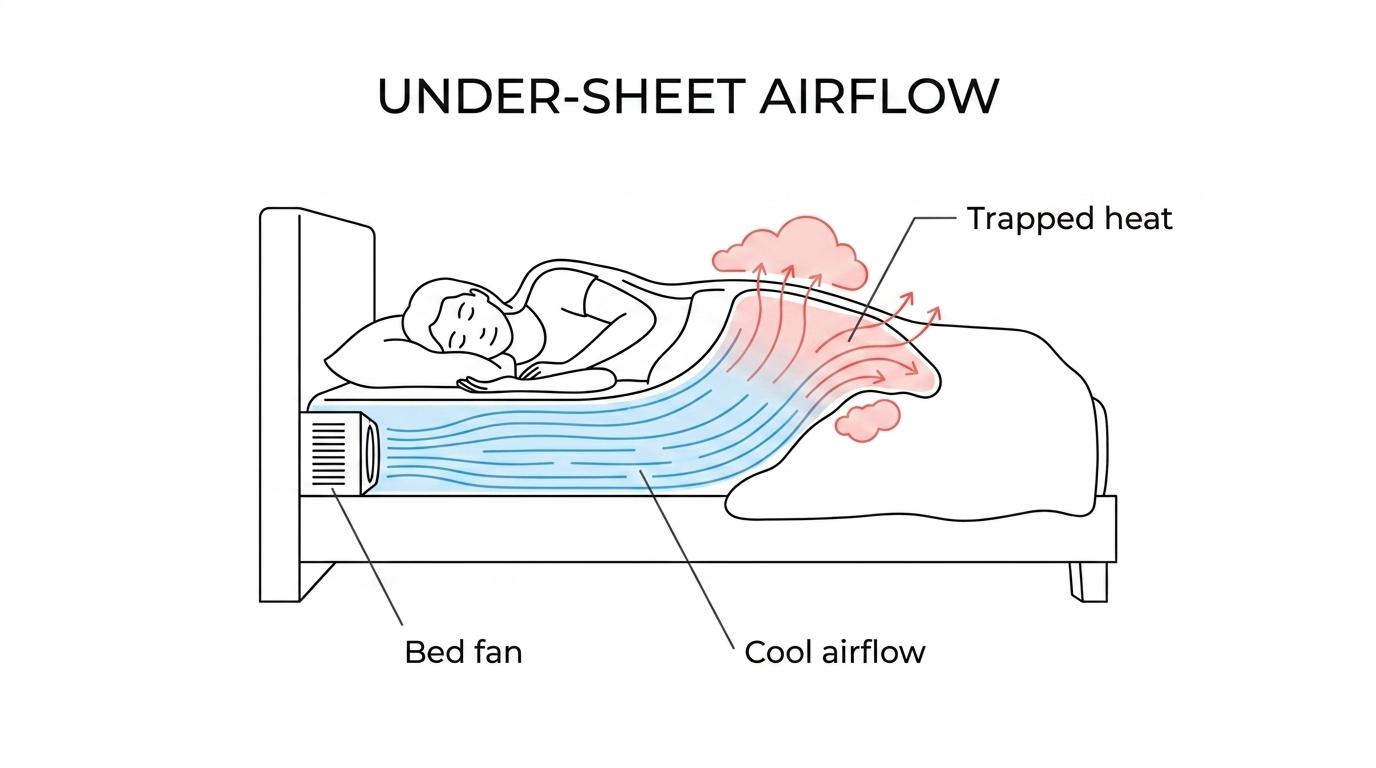 Diagram of a bed fan at the foot of the bed pushing room air under the top sheet while heat and moisture move away from a sleeping person.