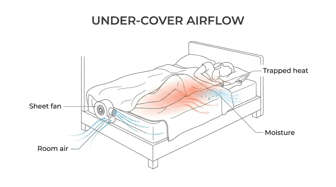 Cutaway view of a bed showing a fan at the foot blowing room air between the sheet and blanket to move heat and moisture away from a sleeper.