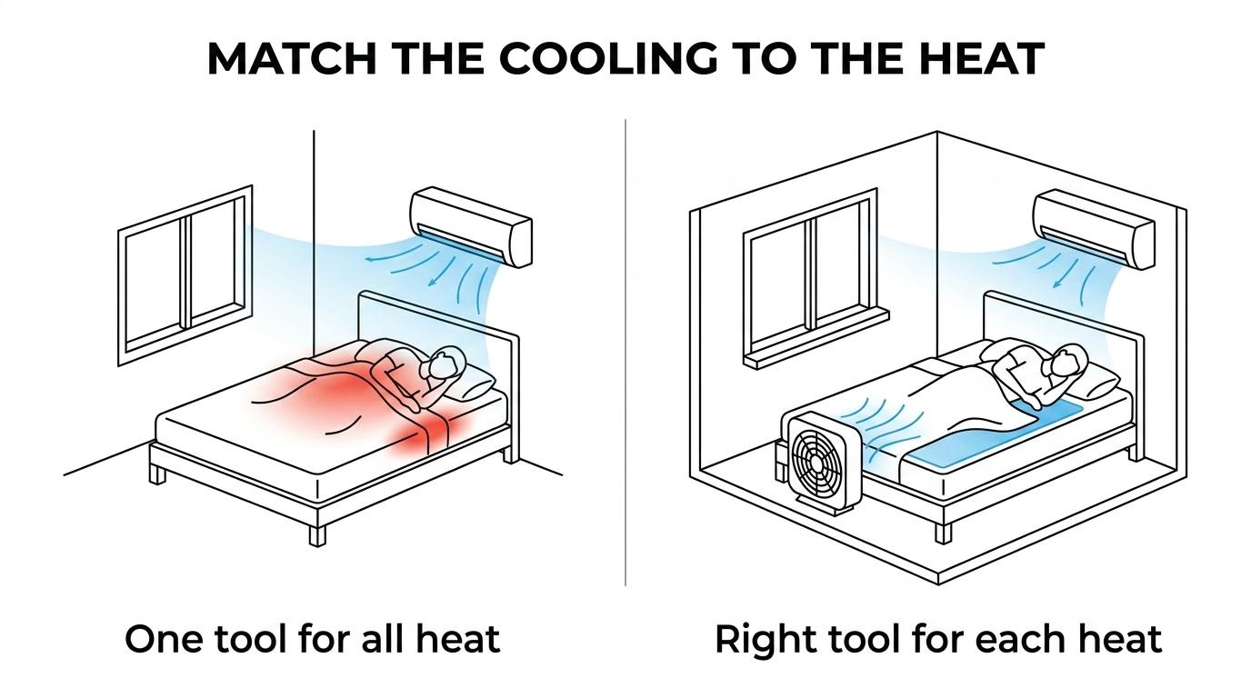 Side-by-side comparison of room AC, an under-sheet bed fan, and a temperature-controlled mattress cover showing what each one cools.