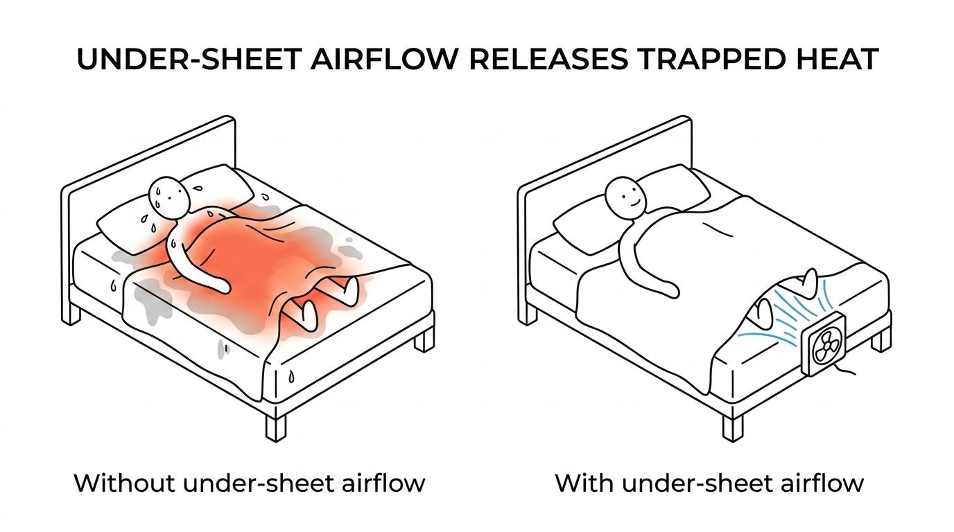 Side-by-side comparison of a sleeper overheating under blankets in a cool room versus airflow moving under the sheets to release heat and sweat.