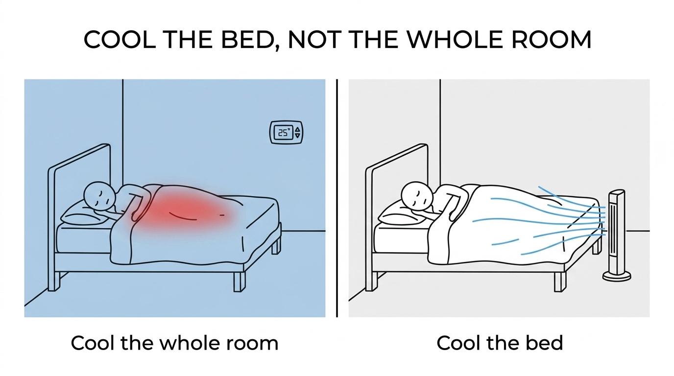 Side-by-side bedroom scenes showing one setup cooling the whole room and another using a bFan to send air under the covers where heat builds up.