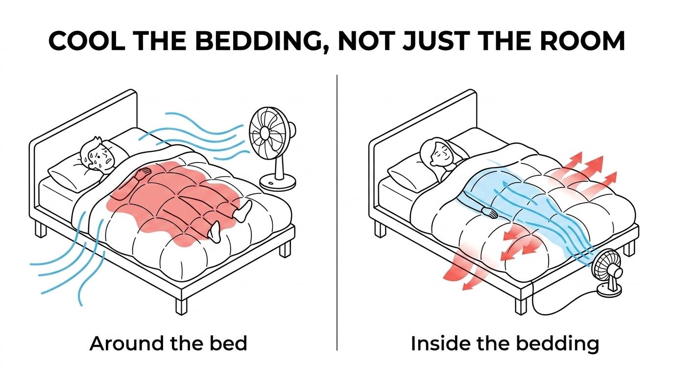 Side-by-side bed view showing a regular room fan blowing around a covered bed versus a bFan sending air between the sheets to remove trapped heat.