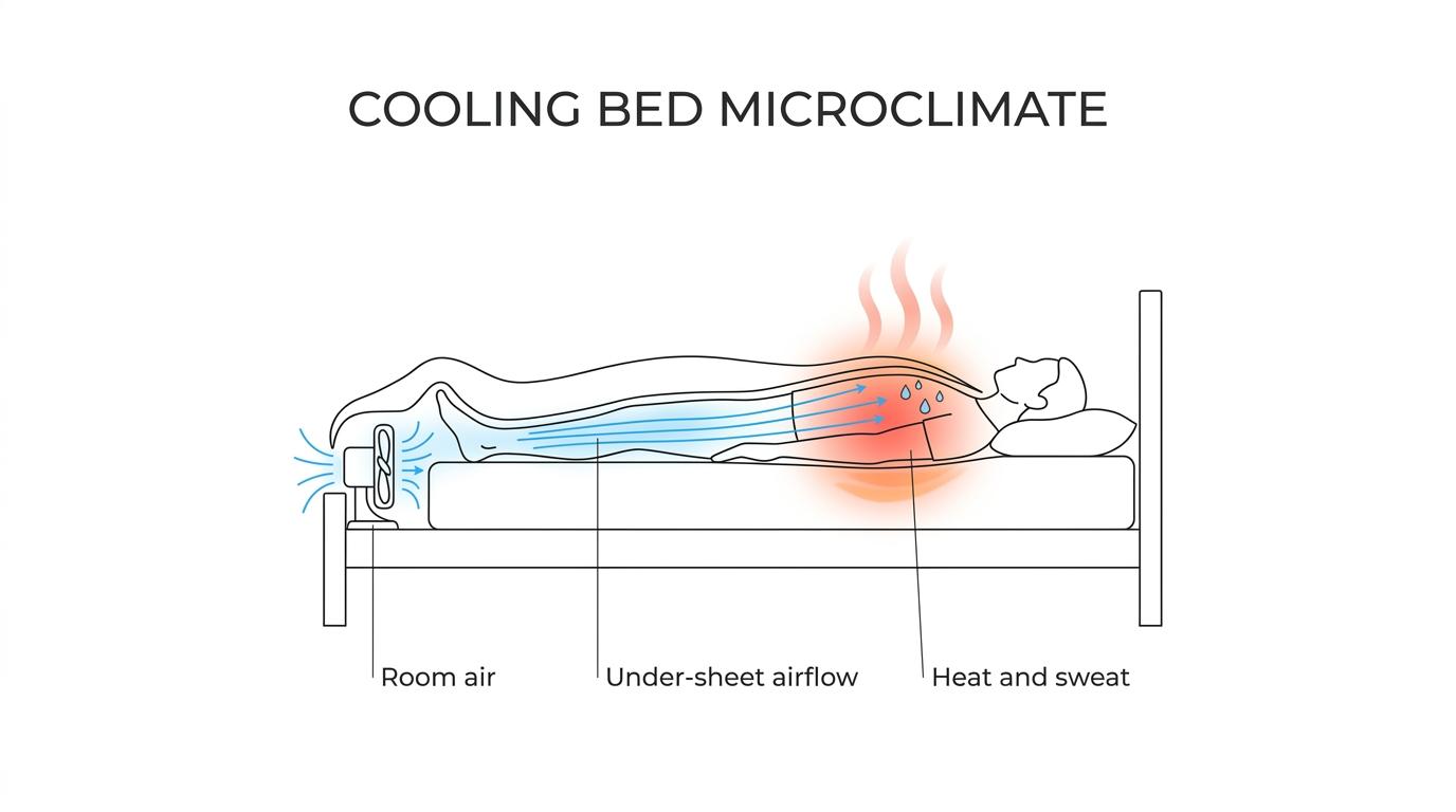 Cross-section of a bed showing air moving under the top sheet across a sleeper while heat and moisture escape from under the covers.